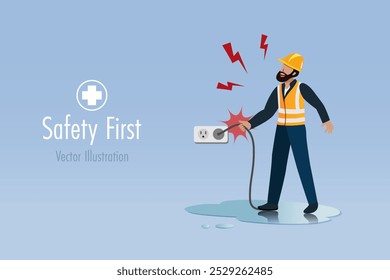 Electric shock at construction site. Worker touch electronic plug on wet floor causes electric shock accident. Safety first, carelessly and accident caution at construction site. Vector.