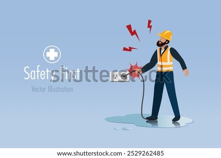 Electric shock at construction site. Worker touch electronic plug on wet floor causes electric shock accident. Safety first, carelessly and accident caution at construction site. Vector.