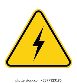 Electric shock danger icon. High voltage shock caution sign with electric lightning. Warning, danger, yellow triangle sign. Vector illustration.High voltage icon, danger vector symbol on white.