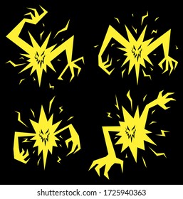 Electric shock evil cartoon character, four poses set, vector illustration, horizontal
