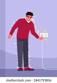 Electric Shock Experience Semi Flat RGB Color Vector Illustration. Household Accident. Electrical Injury. Young Man Suffered From Electricity Isolated Cartoon Character On Purple Background