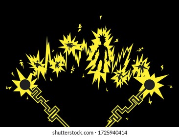 Electric shock figures chain cartoon, vector illustration, horizontal
