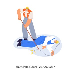 Electric shock, first aid, help. Unconscious fainted man electrician lying with wire, cable. Workers risks with electricity and voltage. Flat graphic vector illustration isolated on white background