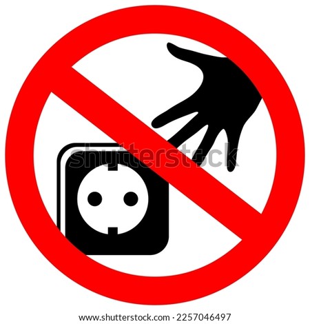 Electric shock hazard, do not touch outlet warning sign over white background, electrical safety first concept illustration