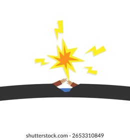 Perigo de choque elétrico. Raio explode entre dois fios expostos. Ilustração vetorial para uso em sinalização de segurança, materiais de treinamento de risco elétrico, manuais industriais e conteúdo educacional