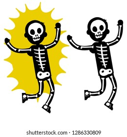 Electric shock. Human powers with a skeleton. Body x-rays. Halloween costume. Yellow flash and skull. Dangerous situation. The problem with high voltage. Defeat the flesh. Cartoon flat illustration