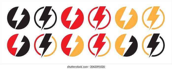 Electric shock icon. Electric lightning bolt icons set. Thunder bolt spark symbol. High voltage warning sign vector illustration.