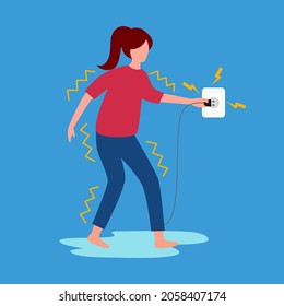 Electric shock risk concept vector illustration. Woman standing on wet floor and get electric shock in flat design. Electric safety caution.