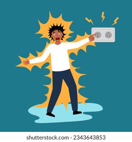 Ilustración vectorial del concepto de riesgo de choque eléctrico. Hombre parado en el suelo húmedo y con descargas eléctricas de diseño plano. Advertencia de seguridad eléctrica.