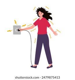 Electric shock risk concept vector illustration. Woman get electric shock in flat design. Electric safety caution.