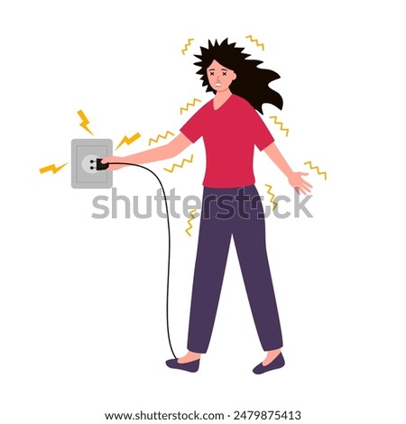 Electric shock risk concept vector illustration. Woman get electric shock in flat design. Electric safety caution.