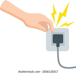 Choque eléctrico y cortocircuito. Precauciones de seguridad. La mano toca el enchufe roto. Alto voltaje. Situación peligrosa. Alambre eléctrico dañado