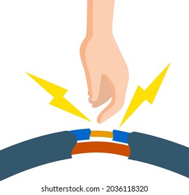 Electric Shock And Short Circuit. Safety Precautions. Hand Touches Bare Wire. High Voltage. Dangerous Situation. Damaged Electrical Wire. Spark In Outlet