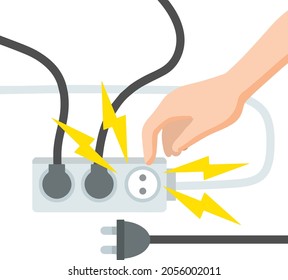 Electric shock and short circuit. Safety precautions. Hand touches broken socket. High voltage. Dangerous situation. Damaged Electrical wire