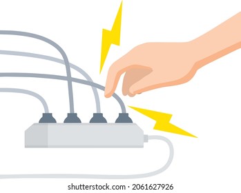 Electric shock and short circuit. Safety precautions. Hand touches broken socket. High voltage. Dangerous situation. Damaged Electrical wire