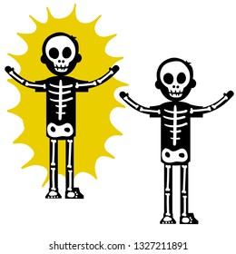 Electric shock. The silhouette of the skeleton and the yellow lightning flash. Halloween costume. Dangerous high-voltage injury. The problem of safety. Human x-ray. Cartoon flat illustration