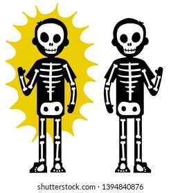 Electric shock. The silhouette of the skeleton and the yellow lightning flash. Halloween costume. Dangerous high-voltage injury. The problem of safety. Human x-ray. Cartoon flat illustration
