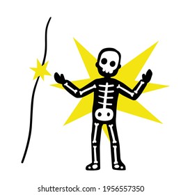 Electric shock. Skeleton touch electric wire with current. Danger and high voltage incident. Caution sign. Danger silhouette of man. Flat illustration