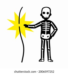 Electric shock. Skeleton touch electric wire with current. Danger and high voltage incident. Caution sign. Danger silhouette of man. Flat illustration