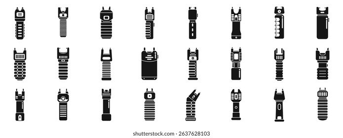 Electric shocker icons set. Different types of electroshock weapons ensuring personal safety and protection against threats