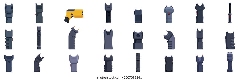 Conjunto de iconos de choque eléctrico. Conjunto de iconos de pistola de electroshock que muestran diferentes tipos de pistolas Taser, perfectas para ilustrar la defensa personal