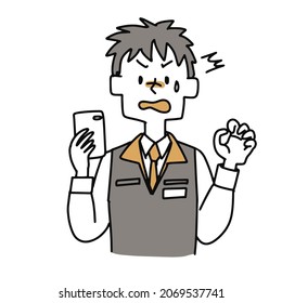 An electric shop clerk who is shocked by one hand of a smartphone