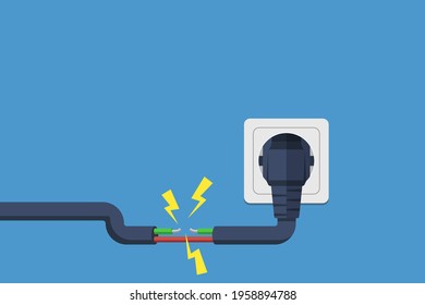 electric short circuit.  Faulty damaged cable. Fire from overload. Electrical safety concept. Vector illustration flat design. Short circuit electrical circuit. Broken electrical connection.