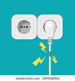 Electric short circuit.  Faulty damaged cable. Fire from overload. Electrical safety concept. Vector illustration flat design.