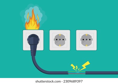 elektrischer Kurzschluss. Fehlerhaftes Kabel. Feuer vor Überlastung. Konzept der elektrischen Sicherheit. Flaches Vektorgrafik-Design. Kurzschluss-Stromkreis