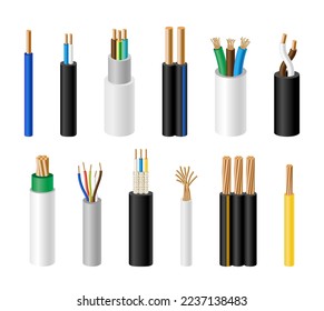 Electric short wires. Circuit cable with rubber insulation. Industrial metal conductor fiber. Technology power connection. Energy communication. Electrical supply. Vector flat utter set