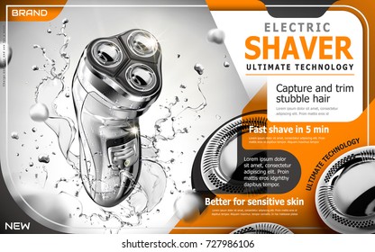 Electric silver shaver with splashing water and glitters in 3d illustration, orange tone