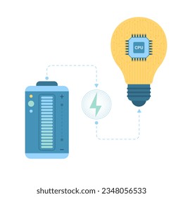 Electric simple circuit of battery and light bulb vector illustration. Cartoon infographic diagram with generator for efficient consumption of energy, equipment of eco plant with smart equipment