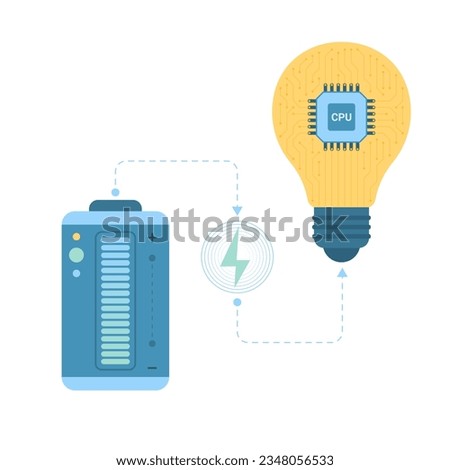 Electric simple circuit of battery and light bulb vector illustration. Cartoon infographic diagram with generator for efficient consumption of energy, equipment of eco plant with smart equipment