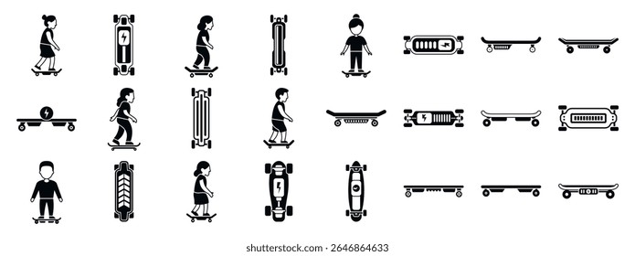  Electric skateboard icons set. Set of simple black vector icons showing people using electric skateboards and longboards