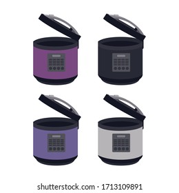 Electric slow cooker. appliance. Kitchen equipment. steamer. Set of vector illustrations. Flat design.
