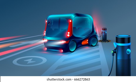 Elektrische Smart-Bus- oder Minibus-Ladestation. Zukunftskonzept. VEKTOR.