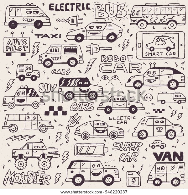 Electric Smart Self-driving Cars. Funny\
Doodle Vector Hand Drawn\
Illustration.