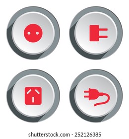 Electric socket base 4 icon set. Power energy symbol. Round red circle flat sign on 3d button with shadow. Vector