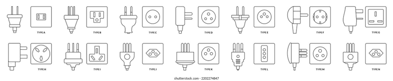 Icono de conjunto de contorno aislado de enchufe eléctrico. Icono de conjunto de esquema del vector. Toma eléctrica de la ilustración del vector sobre fondo blanco.