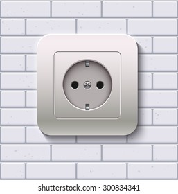 Electric socket on a white brick wall. Realistic vector illustration