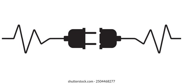 Toma eléctrica con enchufe en color negro.  Enchufe eléctrico y toma de corriente desenchufados. Concepto de conexión y desconexión con alambre, cable. Vector sobre fondo blanco aislado. 