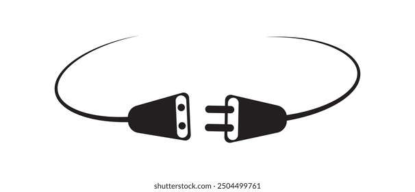 Electric socket with a plug in black color. Electric plug and outlet socket unplugged. Connection and disconnection concept with wire, cable. Vector on isolated white background.