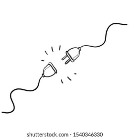 Electric socket with a plug. Connection and disconnection concept for 404 error connection. handdrawn doodle style