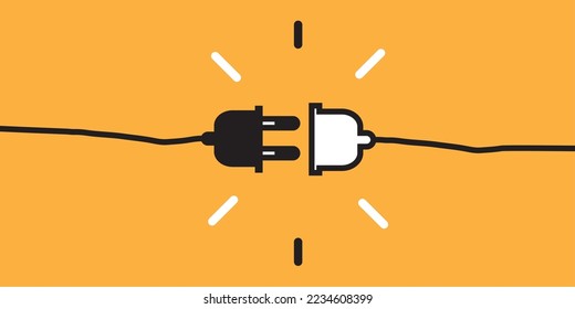 Electric socket with a plug. Connection and disconnection concept. Concept of 404 error connection. Electric plug and outlet socket unplugged. Wire, cable of energy disconnect