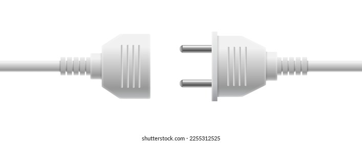Electric socket with a plug. Connection and disconnection concept. Electric plug and outlet socket unplugged. White wire, cable of energy disconnect  – vector