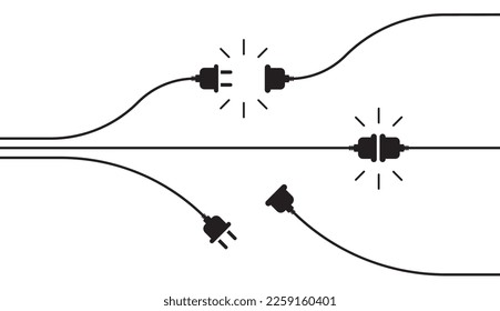Electric socket with a plug. Connection and disconnection concept. Concept of 404 error connection. Electric plug and outlet socket unplugged. Wire, cable of energy disconnect – vector 10 eps.