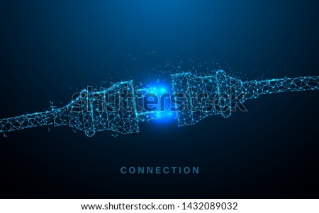 Electric socket with a plug. Connection and disconnection concept. lines, triangles and particle style design. Illustration vector