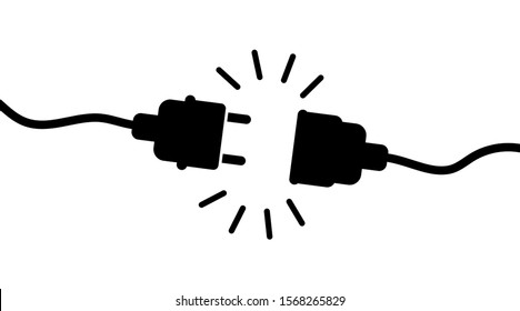 Electric socket and plug disconnect. Concept of 404 error connection. Electric plug icon and outlet socket unplugged. Circuit of plug connect off. Wire, cable of energy disconnect. vector isolated