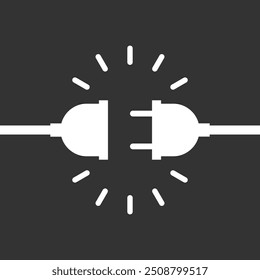 Electric socket and plug graphic icon. Electricity connection or disconnection sign isolated on black background. Vector illustration