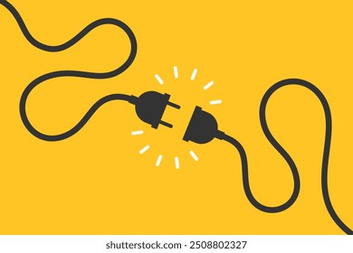 Enchufe eléctrico e icono gráfico de enchufe. Conexión eléctrica o señal de desconexión aislada sobre fondo amarillo. Ilustración vectorial